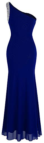 Angel-Fashions Women's One Shoulder Ruching Beading Ribbon Soft Evening Gown (M, Royal Blue) #TOP1