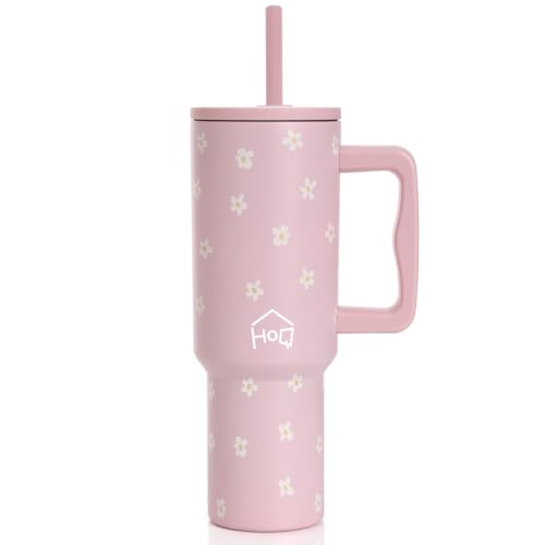 Image of House of Quirk 1200ML Stainless Steel Tumbler with Handle & Lid, 2 Straws - Large Travel Mug Water Cup for Gym, Office & Outdoor Use (Pink Daisy)