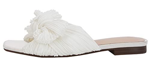 VETASTE Women's Pleated Bow Flat Sandals Open Square Toe Slip on Slide Sandals2