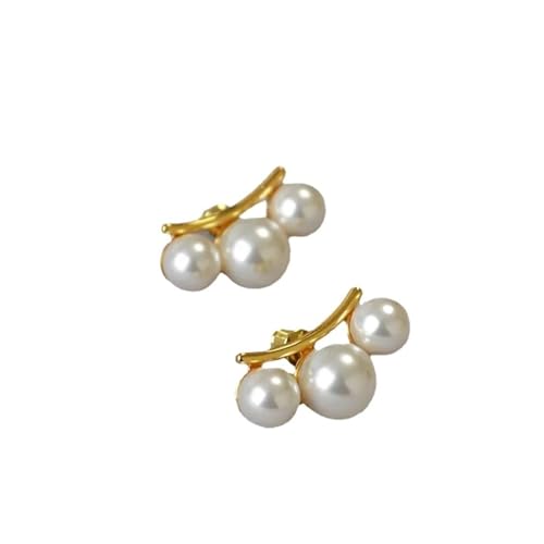 �����̂��߂̃C�������O, Yellow Bronze Gold Plated Embellished Faux Pearl Silver Needle Feeling Women's Earrings(White)