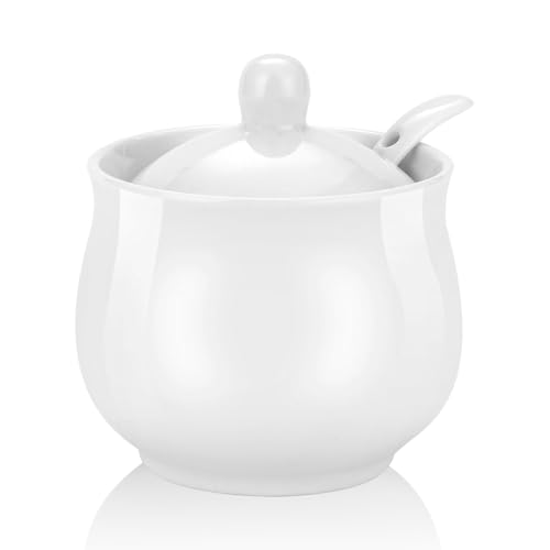 TkoYuHm 7oz Farmhouse White Ceramic Sugar Bowl with Lid and Spoon Salt Container Jar for Coffee Table Porcelain Condiment Pot for Seasoning