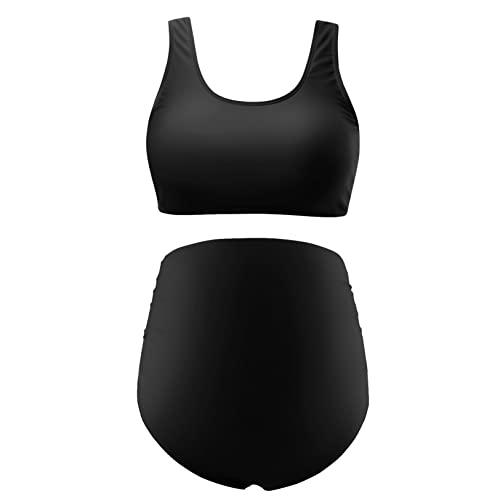 Debelly Maternity Bikini Set Sporty Swimsuit With Tank Top & High Waist Side Ruched Bottom Women 2 Piece Bathing Suits Pregnancy Swimwear,Solid Black,S #TOP1