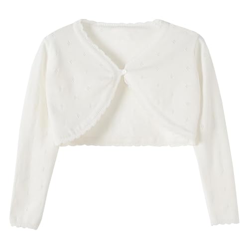 Hvididan Girls White Cardigan, Size 7-8 Girls Bolero Shrug Cardigan, Kids Knit Sweater Hollow Out Long Sleeve, Button Cover Up Cropped Tops