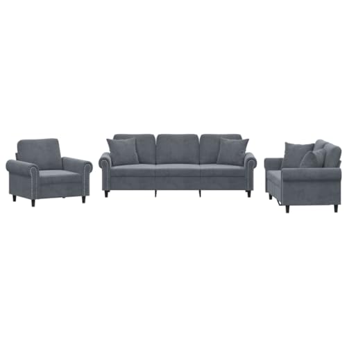 vidaXL Sofagarnitur 3-TLG., Sessel Couch mit Kissen, Sofa Wohnzimmersofa mit Armlehnen, Couchgarnitur Designsofa Sitzmöbel Polstermöbel, Dunkelgrau Samt