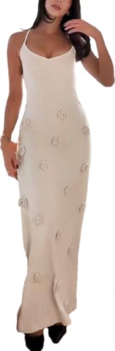 LOUSEA Apricot 3D Flower Crochet Maxi Dress Backless Spaghetti Strap