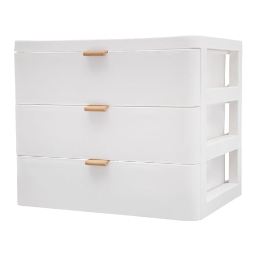 SONHANGIA Organizador de escritorio de 3 niveles en blanco Caja de almacenamiento rectangular con cajones para escritorio Caja de almacenamiento con cajones 26 x 20,2 x 22,3 cm