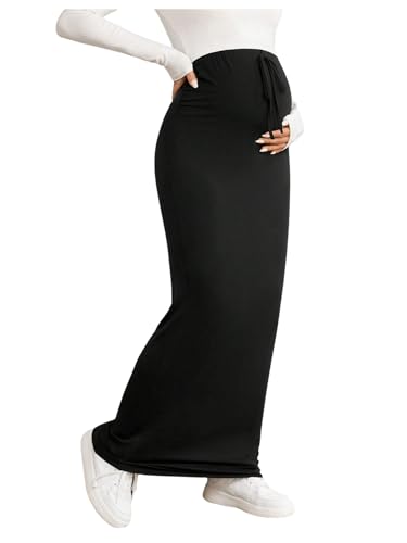 SHENHE Women's Maternity Skirt Knit Adjustable Waist Drawstring Maxi Skirt Black XXL