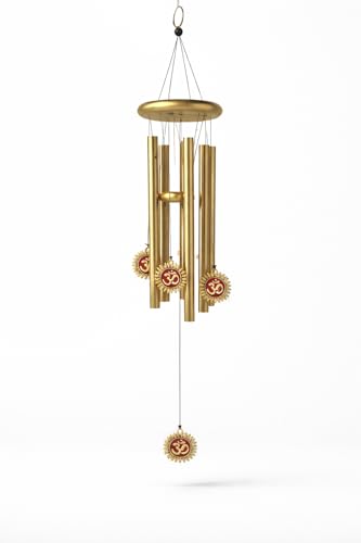 Image of Om Design Metal Wind Chime for Home Decor | Golden Hanging Wind Chimes for Balcony, Garden & Temple | Vastu & Spiritual Decorative Item
