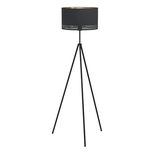 Eglo Lampadaire trépied Esteperra, lampe à poser vintage, rétro, luminaire salon sur pied en acier et textile, noir, doré, avec interrupteur à pied,...