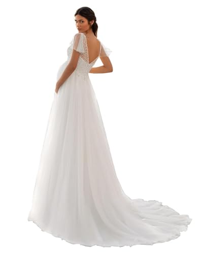 HAIBFJIN Robe de maternité en tulle avec col en V - Robe de mariée pour femme enceinte - Robe de maternité pour fête prénatale - Robe de séance photo,...