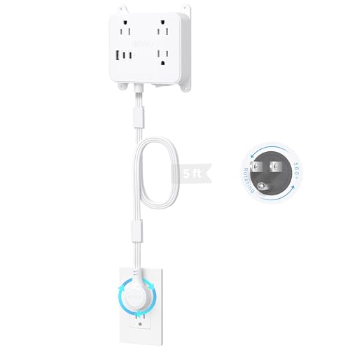 TROND Flat Power Strip with 360° Rotating Plug, 5FT Extension Cord with 3 Widely Space Outlets and 3 USB Ports(2 USB C), Wall Outlet to Hide in Drawer, Attach Under Desk Cabinet Vanity Counter