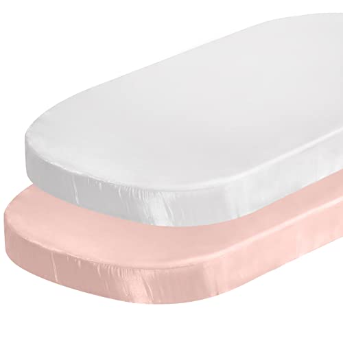Image of SiinvdaBZX 2 Pcs Satin Bassinet Sheets for Baby Girl, Pink & White | Silk-Like Soft Bassinet Fitted Sheets for Hourglass, Oval & Rectangular Bassinet Mattress