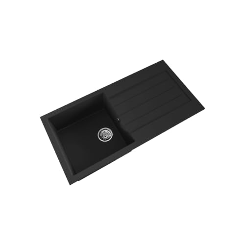 Image of Balterley Composite Kitchen Sink with Drainer & Overflow Hole, 100cm Bowl Inset Black Kitchen Sink, Single Bowl Reversible Composite Sinks with Grooved Drainer - 1000 x 500 x 200mm (Dark Grey)