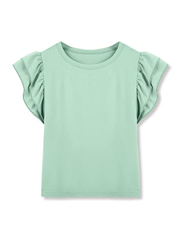 Imily Bela Girls Shirts Cute Summer Tops Trendy Ruffle Sleeve Blouses Crew Neck Tees For 5-14 Years Kids Child Light Green #TOP27