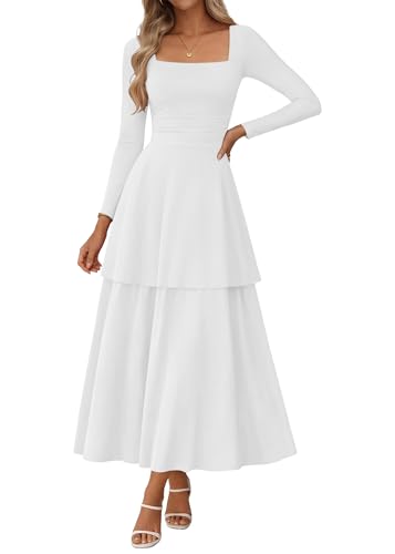 Lazysmile Women's Long Sleeve Fall Dresses Square Neck Ruched Waist Ruffle Hem Flowy Elegant Modest Boho Casual Maxi Dress White