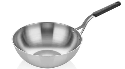 Nobel Platinum Triply Extra Deep Stainless Steel 28 cm Wok Pan, Stir Fry Pan with Blue Silicone Handle Sleeve, Kadai, Compatible with All Hobs