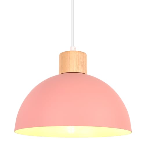 iDEGU 25cm Hängelampe Retro E27 LED Hängeleuchte Moderne Skandinavisch Deckenleuchte aus Metall Holz Pendelleuchte für Schlafzimmer Esszimmer Küche Restaurant (Rosa, 1 Stück)