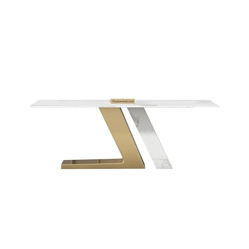 Image of PAAMWOOD Premium 8-Seater Top Dining Table - 84 inchx36 inchx30 inch | White Nano Composite Stone with Solid Wood Z-Shaped Base & Golden Acrylic Finish | Modern Luxury Dining Furniture