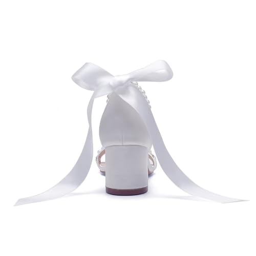 Image of Block Heel Wedding Sandals, Pearl Embellished Ankle Strap, Low Heel Bridal Shoes for Women, Size EU 36-41
