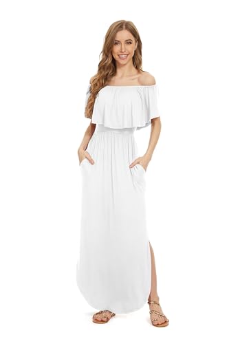 Image of LILBETTER Womens Off The Shoulder Ruffle Party Dresses Side Split Beach Maxi Dress