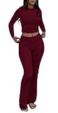 AYWA Women's 2 Piece Outfits Foldover Flare Pants Long Sleeve Crew Neck T-shirt Fitted Pajama Sets (Burgundy, Small)