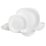 Gibson Home Ultra Break and Chip Resistant Dinnerware Set, Square: Service for 6 (18pcs), Opal Glass