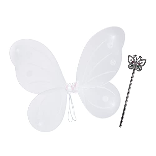 Relaxdays Feenflügel mit Zauberstab, Fee Kostüm Kinder, Flügel & Zepter, Glitzer, Mädchen, Feenset, weiß