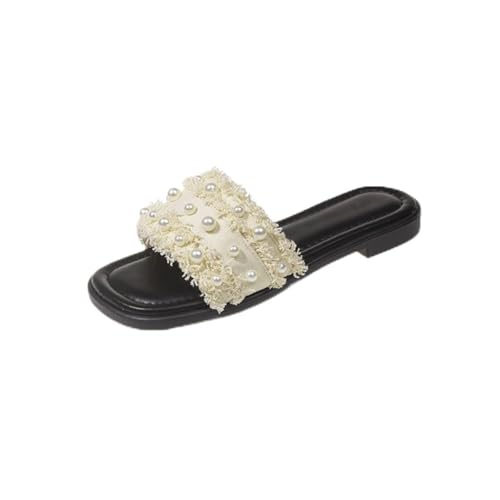 Slippers for Women Wearing Pearl Flat Bottomed Beach Sandals