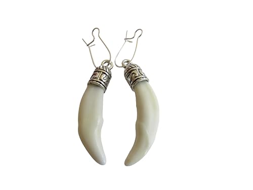 Coyote Teeth Earrings Tibetan Silver Dangle Animal Bone Jewelry SP