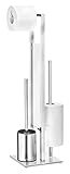 WENKO Stand WC-Garnitur Rivalta, hochwertige Standgarnitur mit integriertem Toilettenpapierhalter und WC-Bürstenhalter, in rostfreier Edelstahl-Qualität, 18 x 70 x 23 cm, Silber glänzend/Weiß