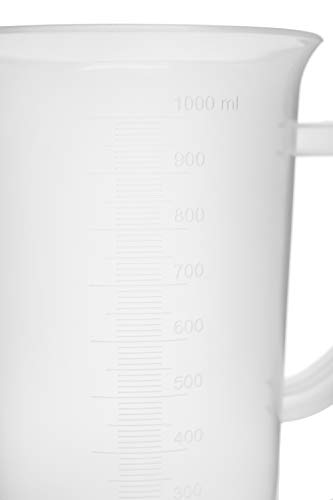 Measuring Jug, 1000Ml - Polypropylene Plastic - Raised Graduations - Chemical Resistant, Autoclavable - Handle For Convenient Lifting - Eisco Labs #TOP1
