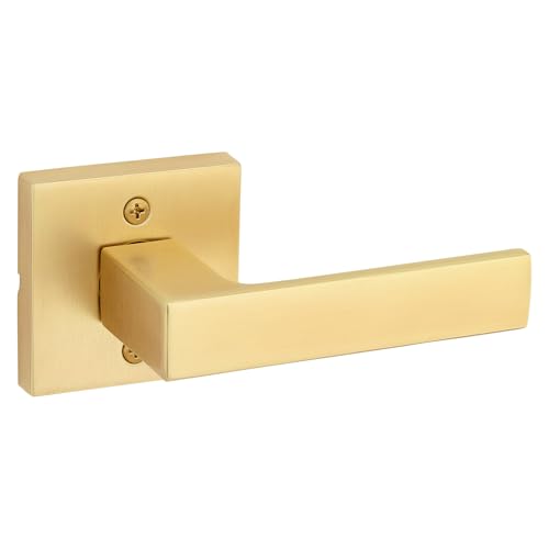 Image of Kwikset Singapore Dummy Door Handle, Single Sided Lever for Closets, French Double Doors, and Pantry, Satin Brass Non-Turning Reversible Interior Push /Pull Lever, with Microban Protection