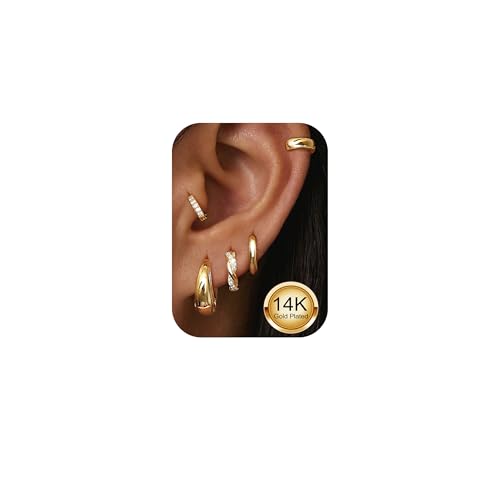 Image of 5 Pairs Small Gold Hoop Earrings Set for Women – 14K Gold Plated Hypoallergenic Huggie Sleeper Earrings, Chunky Hoops Lightweight Stacking Hoop Earrings for Women & Men with Gift Box Golden