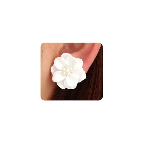 Rrdaily Boho Acrylic Pearl Flower Stud Earrings for Women White Exaggeration Camellia Drop Earrings Sweet Resin Flower Dangle Earrings Jewelry Gift