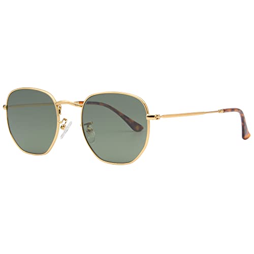 Image of Retro Glass Lens Hexagonal Sunglasses for Men Women Vintage Square Metal Frame Flat Lens Sun glasses