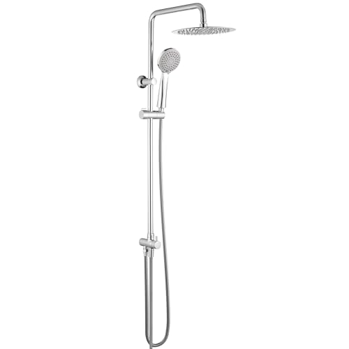 GRIFEMA COLUMNAS-G7005 Modern Chrome Shower Riser Rail Mixer, Round Bathroom Tap System with Stainless Hose Pipe, ABS Handheld Shower, 1/2 Inch Hose Pipe