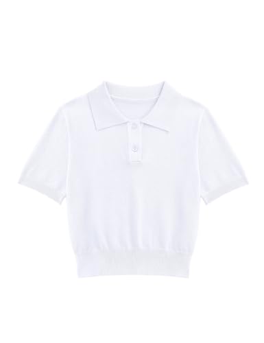 Image of Girls Short Sleeve Polo Shirt V Neck Button Down Shirts Summer Knit School Uniform Crop Tops