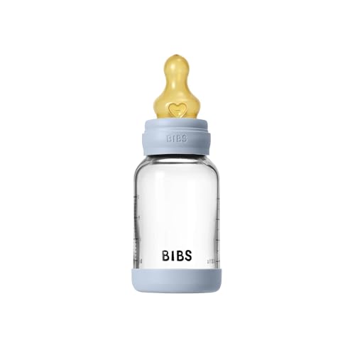 Image of BIBS Baby Glass Bottle. 4 US fl oz / 120 ml. Anti-Colic. Vented Round Natural Rubber Latex Nipple. Supports Natural Breastfeeding, Slow Flow, Complete Set - Baby Blue