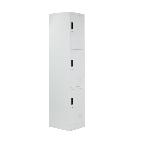 BRINDEK Taquilla Vestuario metálica 3 Puertas Blanca RAL 9016-185x38x45 cm con Cerradura - Incluye Llave | Armario metálico Estrecho para Garaje, Oficina, Gimnasio, Vestuario, Locker Individual