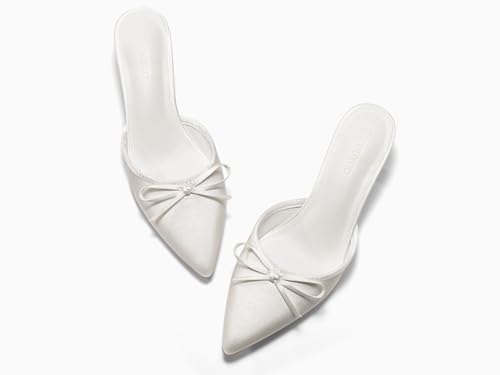 Image of Coutgo Womens Kitten Heels Mules with Bow Satin Slip on Pumps Closed Pointed Toe Dress Wedding Party Shoes