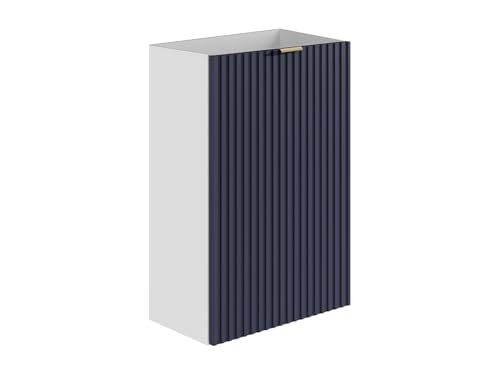 Vente-unique - Meuble pour Lave Main strié Caisson Blanc et Porte réversible Bleue - H60 x L40 x P22 - VAHIRA