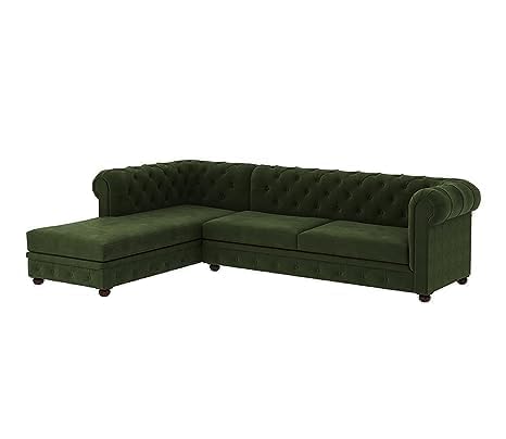 Image of Solid Wood Velvet Fabric L Shape Sofa Sofa for Living Room Button Tufted Sofa Chair for Home & Office (Left Aligned L-Shaped (Right Aligned L-Shaped Green)