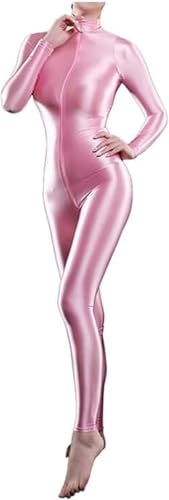 Yaaapiy Damen Glänzend Overalls Ganzkörper Anzug Body Einteiler Bodysuit Jumpsuit Glossy Glatt Strupmhose Leggings Unterwäsche Langarm mit Reißverschluss (Rosa)