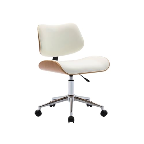 sweeek - Chaise de Bureau à roulettes décor Bois courbé placage Effet chêne et Simili Cuir Blanc
