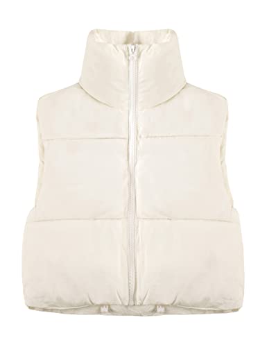Yeokou Women's Cropped Puffer Vest Zip Up Stand Collar Sleeveless Outerwear With Pockets(Beige-L) #TOP26