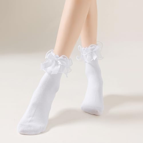 Lace Ruffle Frilly Socks for Women, Comfortable Cotton Cute Lace Ankle Socks with Bow3