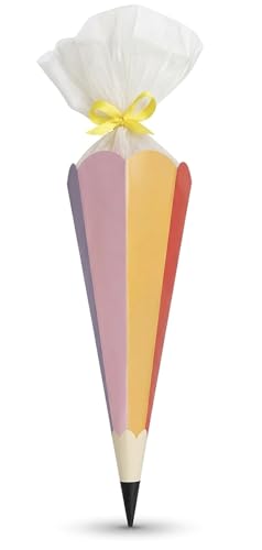 HIKIhooray Kleine Schultüte 40cm in Stift-Form für Geschwister & Schulanfänger | Stabile Zuckertüte aus Karton mit Krepppapier-Verschluss | Bunter Farbmix für kleine Geschenke