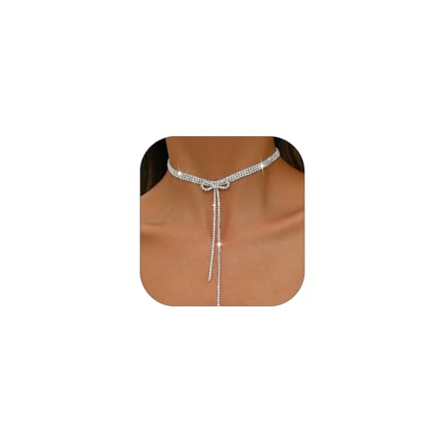 Rhinestone Bowknot Choker Necklace for Women Crystal Long Tassel Clavicle Chain Necklace Cubic Zirconia Bow Knot Jewelry for Women Gifts