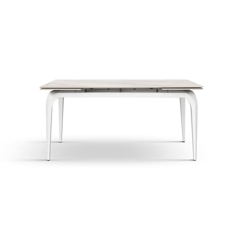 PAZZO DESIGN Diletta ID_2357 Table de salle à manger rectangulaire extensible avec plateau en céramique effet marbre blanc, base en métal blanc, 140 x 80 x...