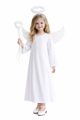Furbevo 4 Pcs Girls Angel Costume Include White Angel Dress Gown Headband Wing Child Halloween Christmas Set (White 6T/47.2 inches)